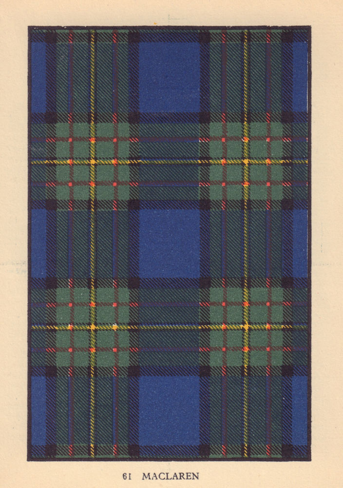 MacLaren. Scottish Clan Tartan. SMALL 8x11.5cm 1937 old vintage print picture