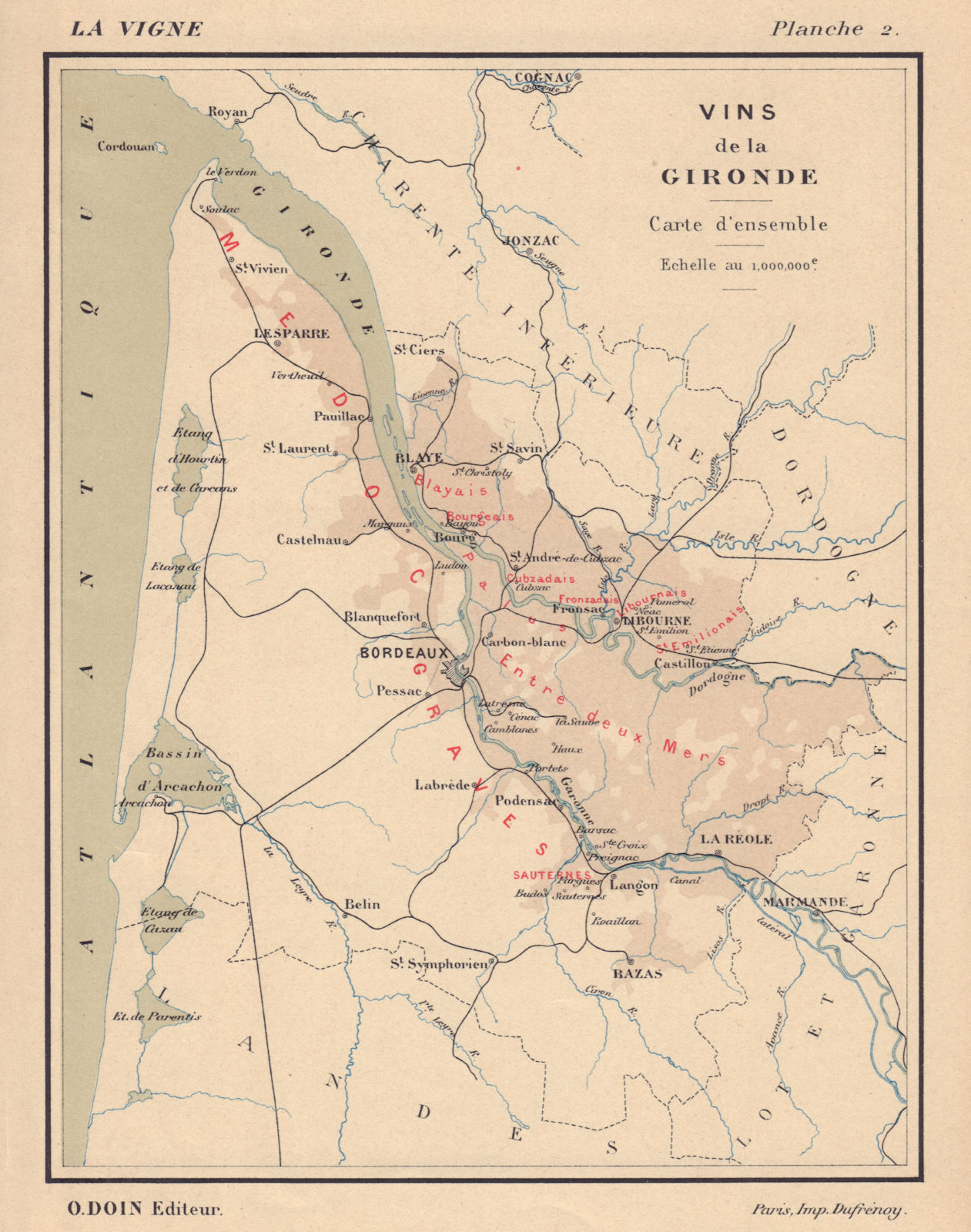 Vins de la Gironde - Carte d'ensemble. Bordeaux wine map. HAUSERMANN 1901