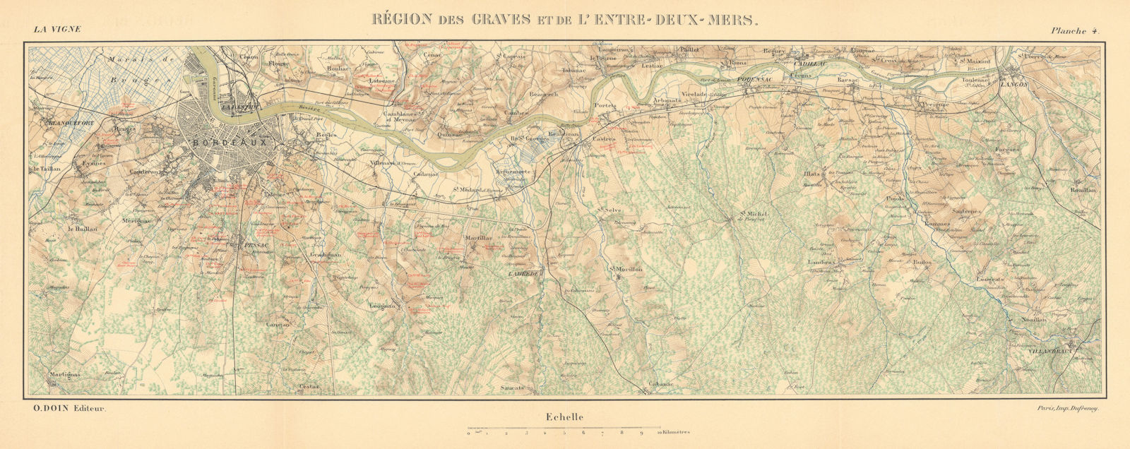 Région des Graves et de l'Entre-deux-Mers. Bordeaux wine map. HAUSERMANN 1901