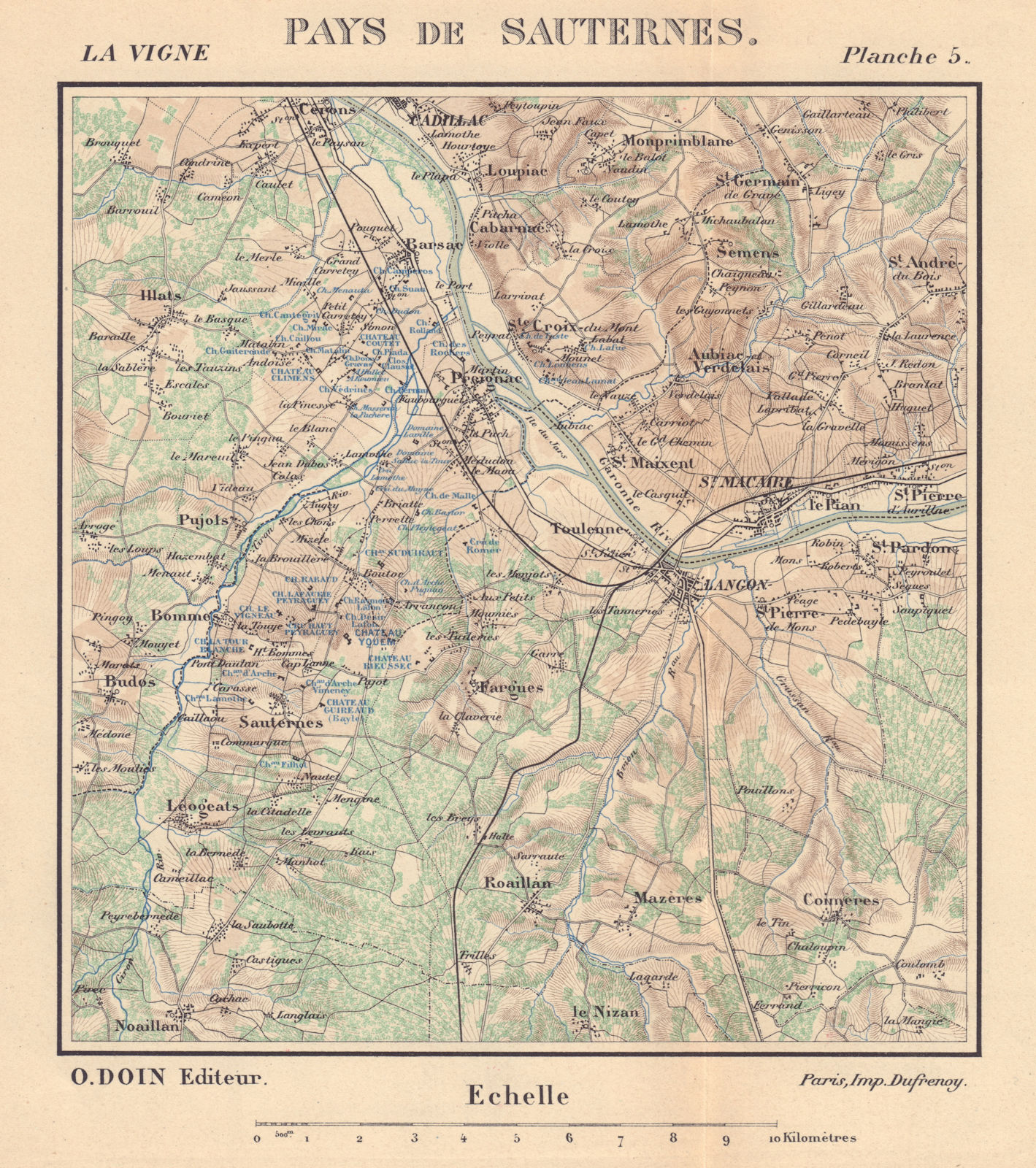 Pays de Sauternes. Bordeaux wine map. Grands crus. HAUSERMANN 1901 old