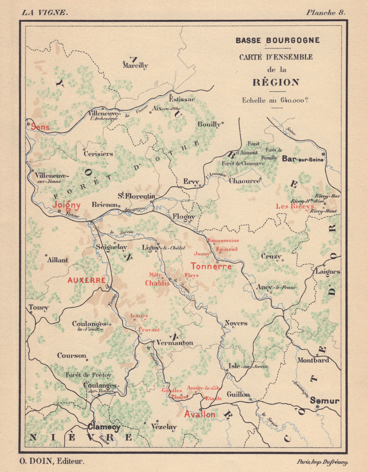 Bourgogne Burgundy wine map. Chablis Auxerrois Joigny Tonnerre. HAUSERMANN 1901