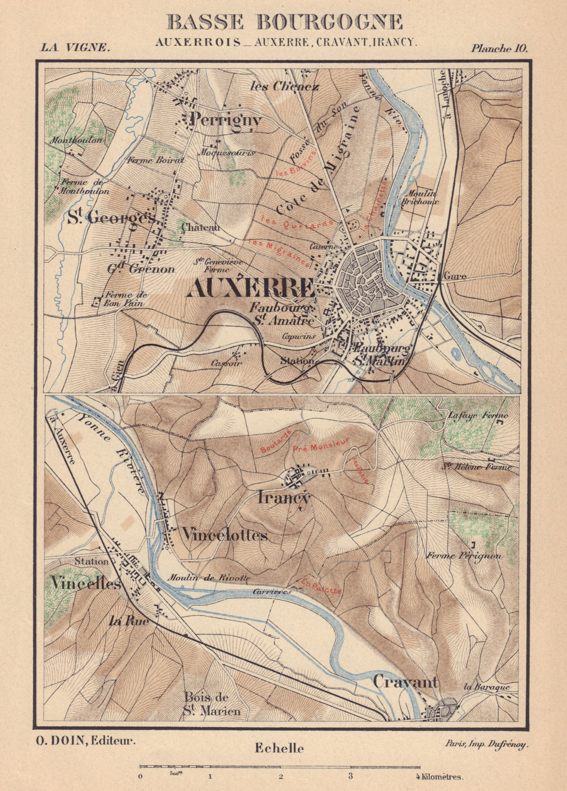 Auxerrois Auxerre Cravant Irancy. Burgundy Bourgogne wine map. HAUSERMANN 1901