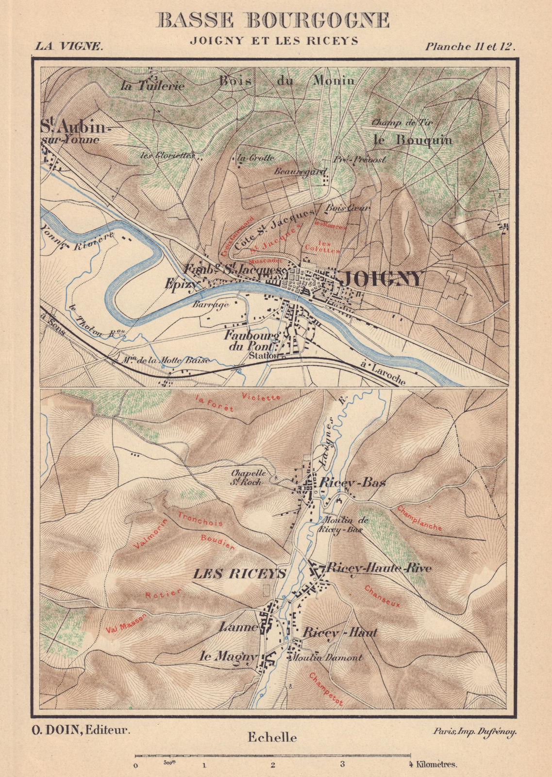 Basse Bourgogne - Joigny et les Riceys. Burgundy wine map. HAUSERMANN 1901