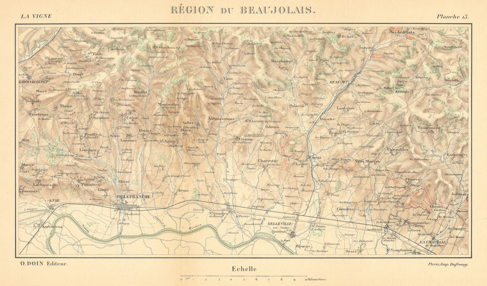 Région du Beaujolais. Burgundy wine map. HAUSERMANN 1901 old antique chart