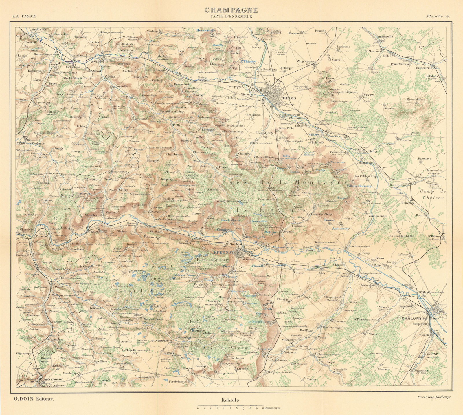 Champagne wine map - Carte d'Ensemble. Épernay Reims  HAUSERMANN 1901 old