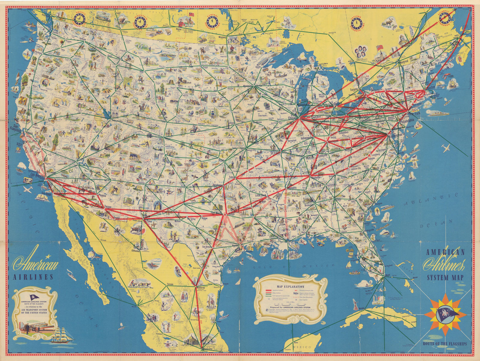 Associate Product American Airlines System Map. Route of the Flagships. Pictorial 24"x32" c1945