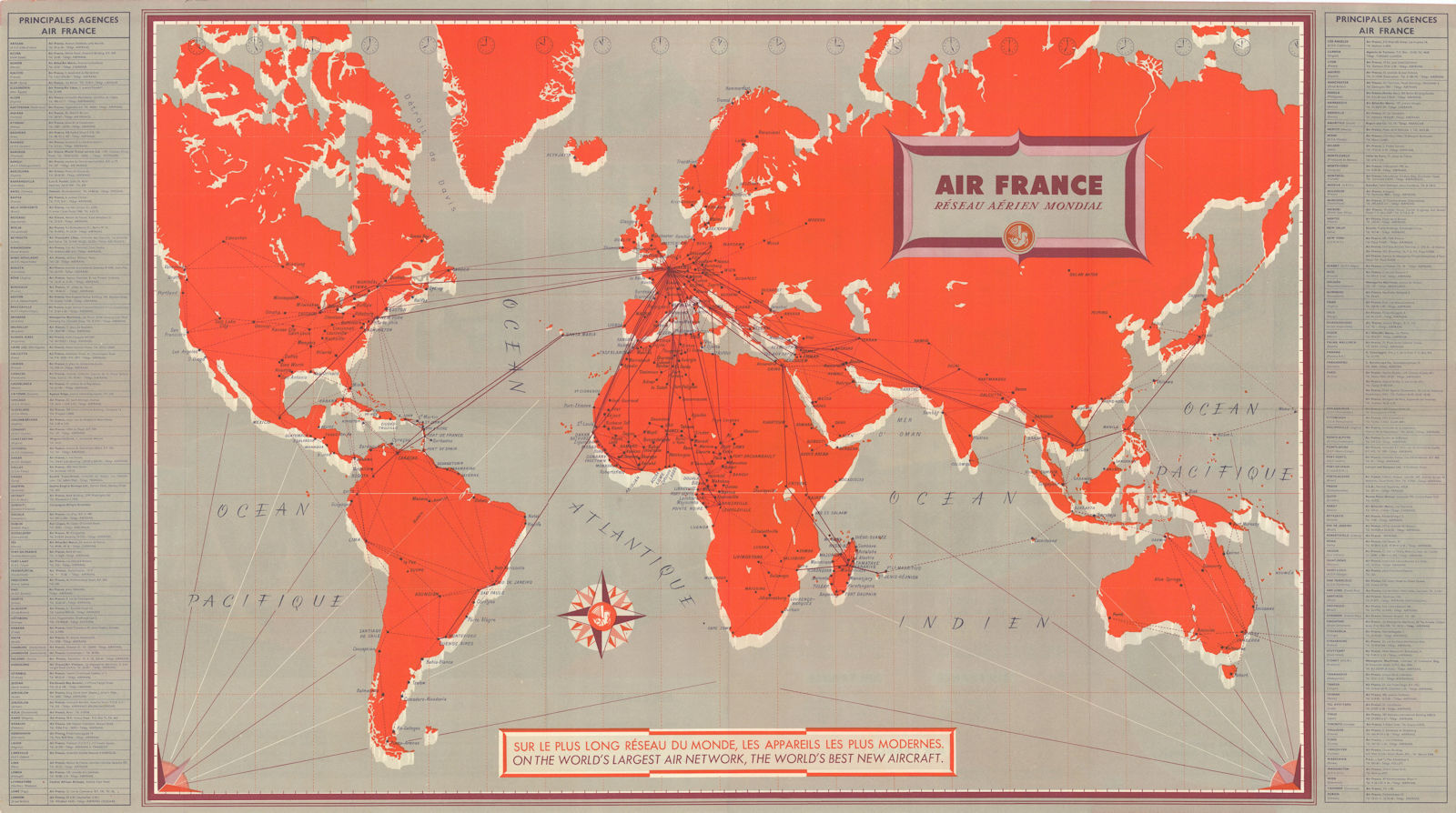 Air France - Réseau Aérien Mondial. Airline network route map. 49x88cm 1956