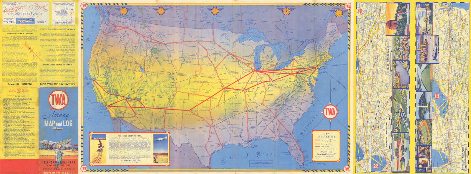 TWA Airway Transcontinental & Western Air Airline network route map 18"x48" 1939