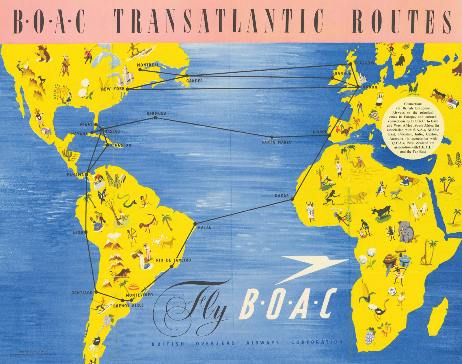 BOAC Transatlantic Routes - Fly BOAC. Pictorial airline network map 29"x37" 1950