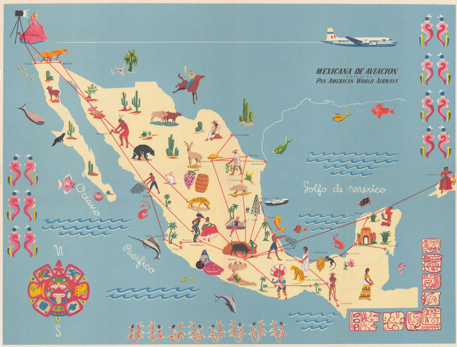 Mexicana de Aviacion. Pictorial airline network route map 17"x23". Mexico c1950