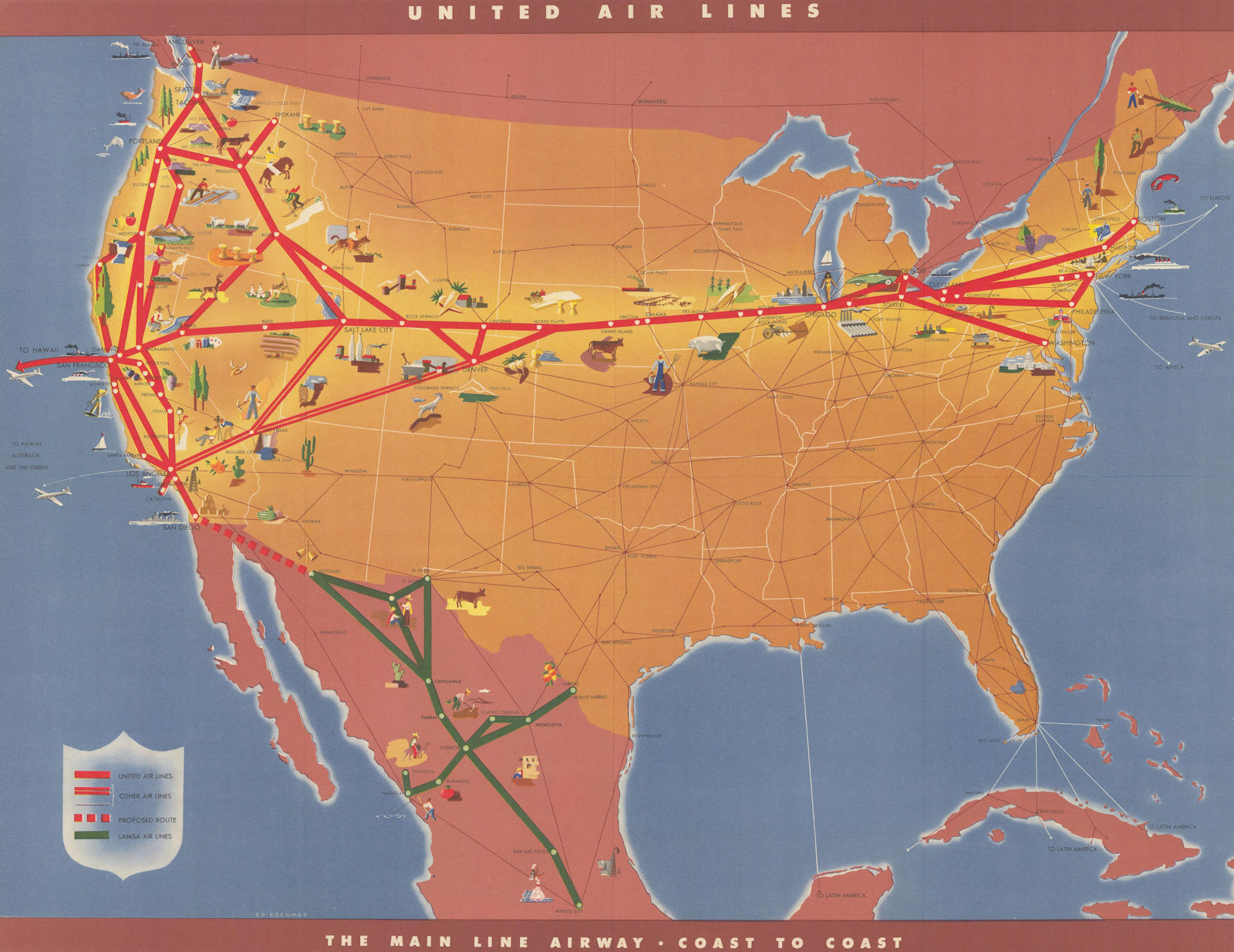 United Air Lines. The main line airway. Pictorial network route map 16"x21" 1946