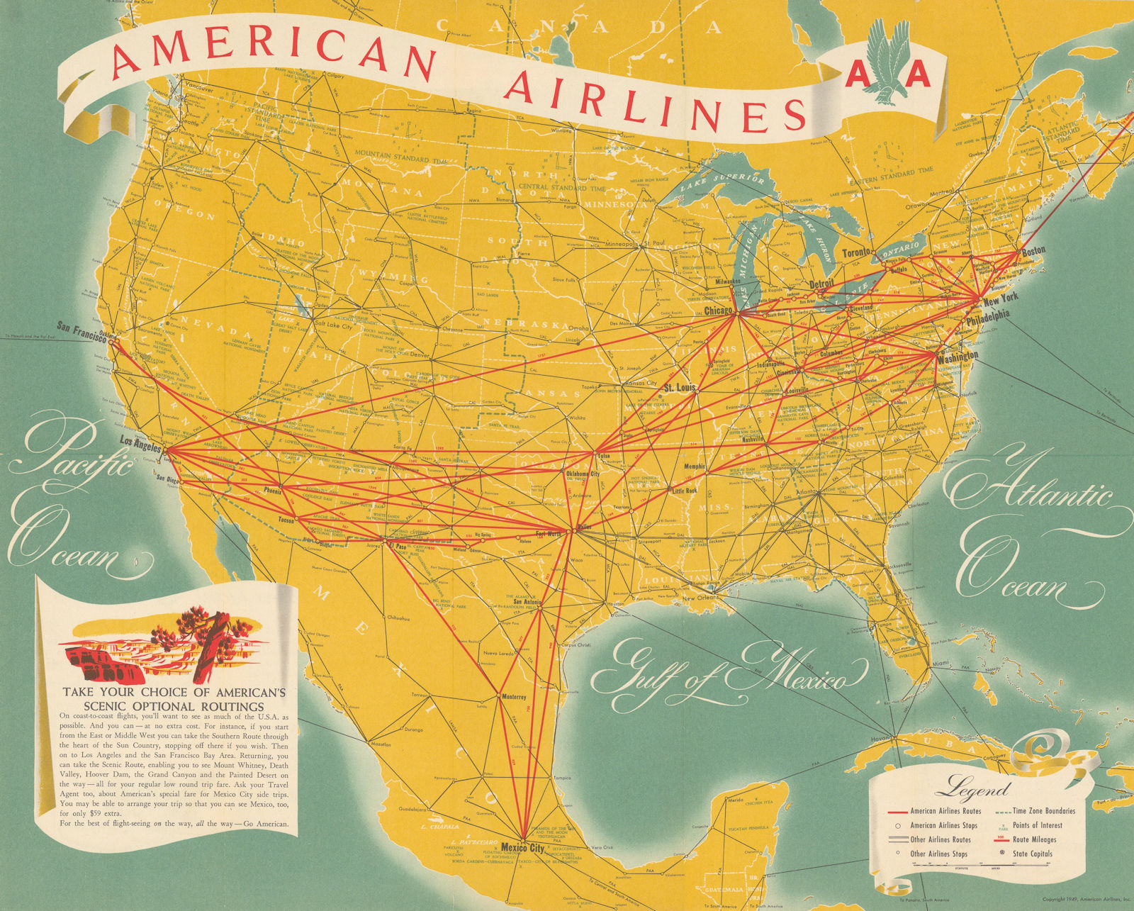 American Airlines system network route map. 16"x20" 1949 old vintage chart