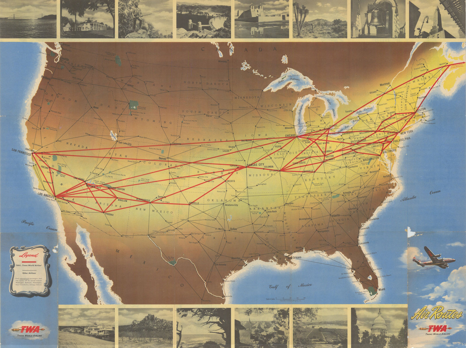 Air routes - TWA - Trans World Airline network system map. 24"x32" c1947