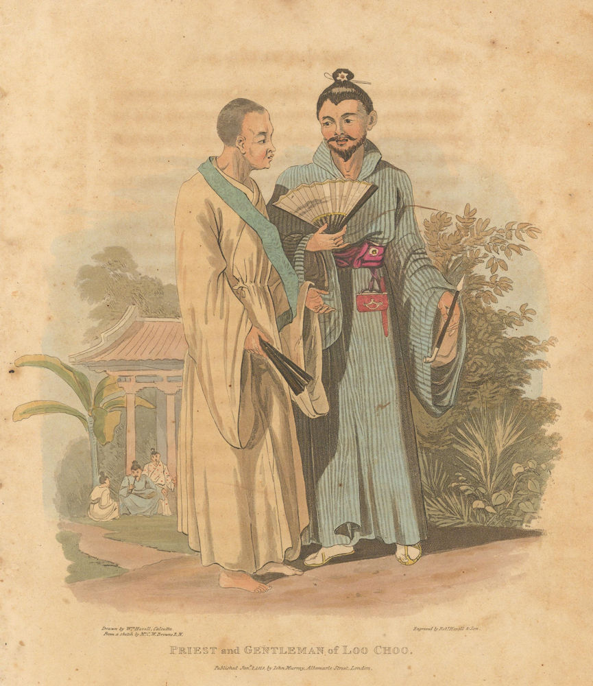 Priest and Gentleman of Loo Choo. Okinawa, Japan. HAVELL/BROWNE 1818 old print