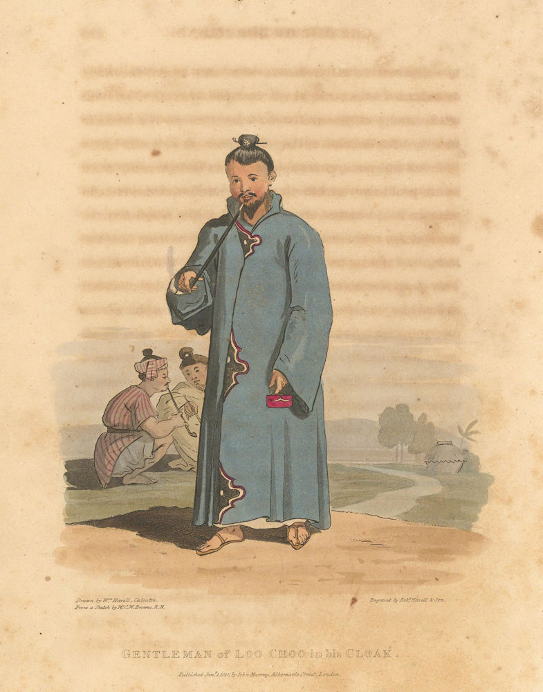 Gentleman of Loo Choo in his Cloak. Okinawa, Japan. HAVELL/BROWNE 1818 print