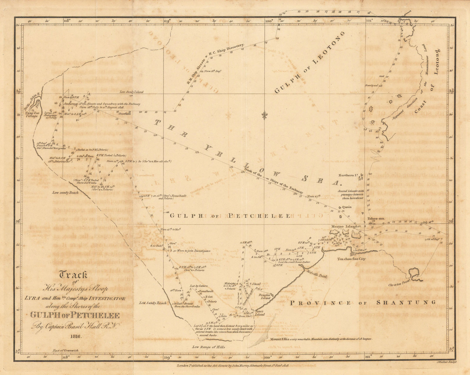 The Gulph of Pecheelee by Captn. Basil Hall. Bohai Sea, China 1818 old map