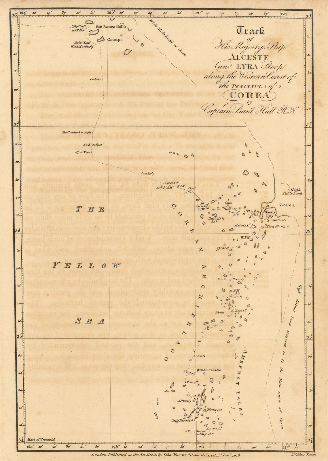 Western Coast of the peninsula of Corea by Captn. Basil Hall. Korea 1818 map