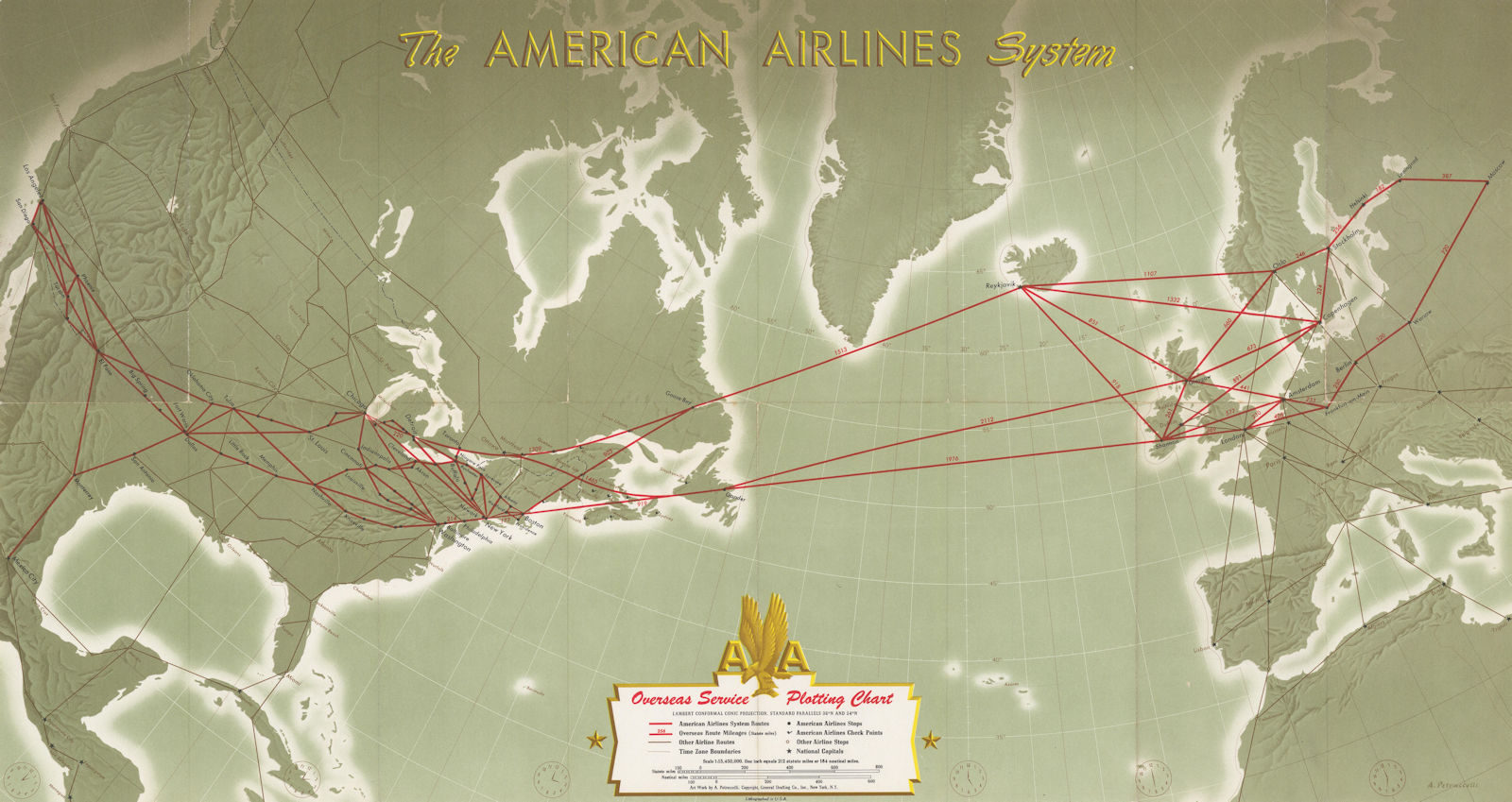 Associate Product American Airlines System Overseas Service Plotting Chart. Network map c1946