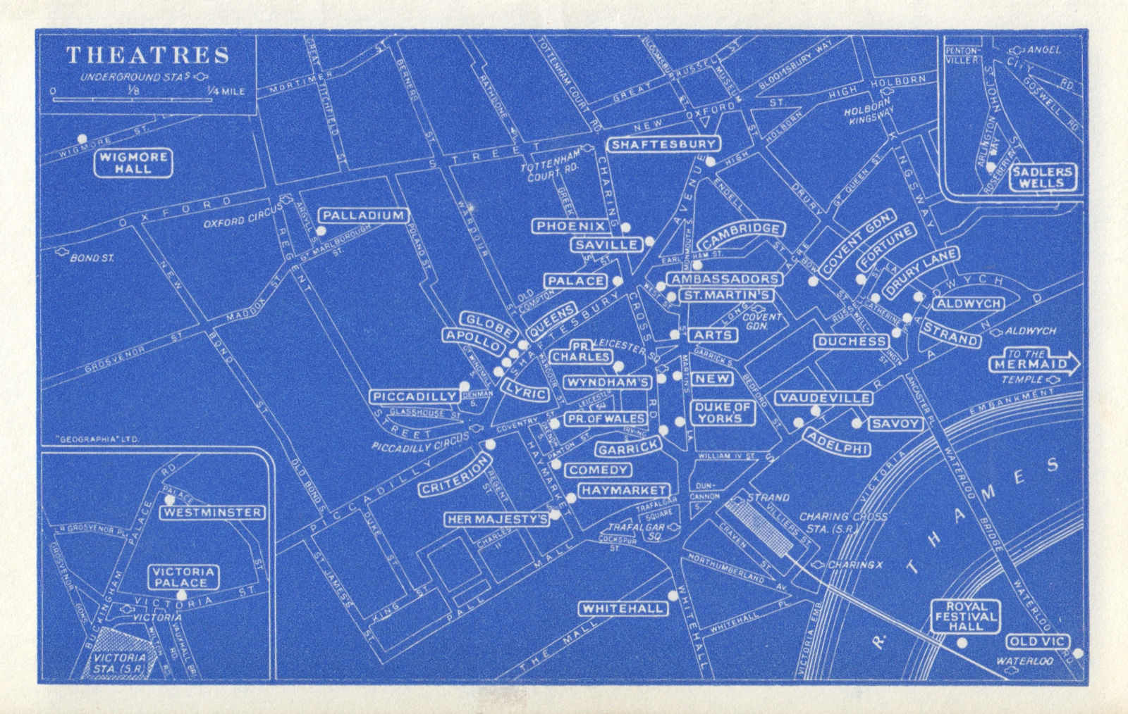 LONDON WEST END THEATRES Covent Garden St James's Shaftesbury Avenue 1965 map