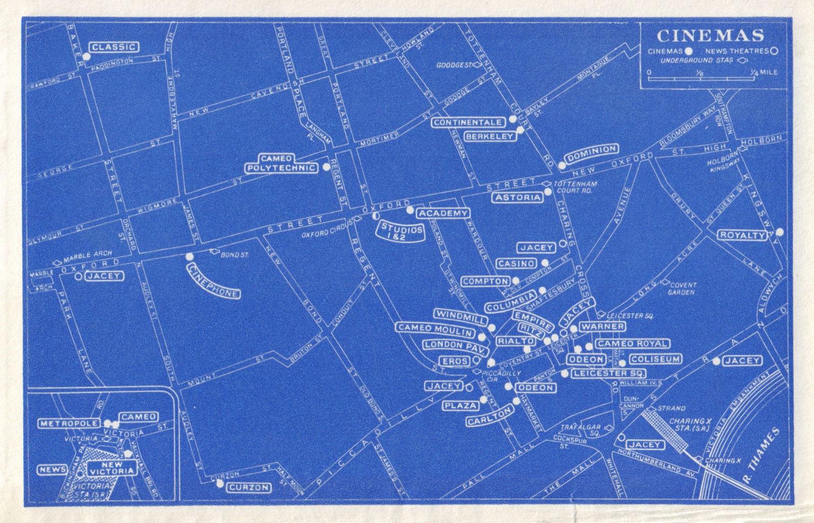 LONDON WEST END CINEMAS & NEWS THEATRES Jacey Cinephone Eros Ritz Odeon 1965 map