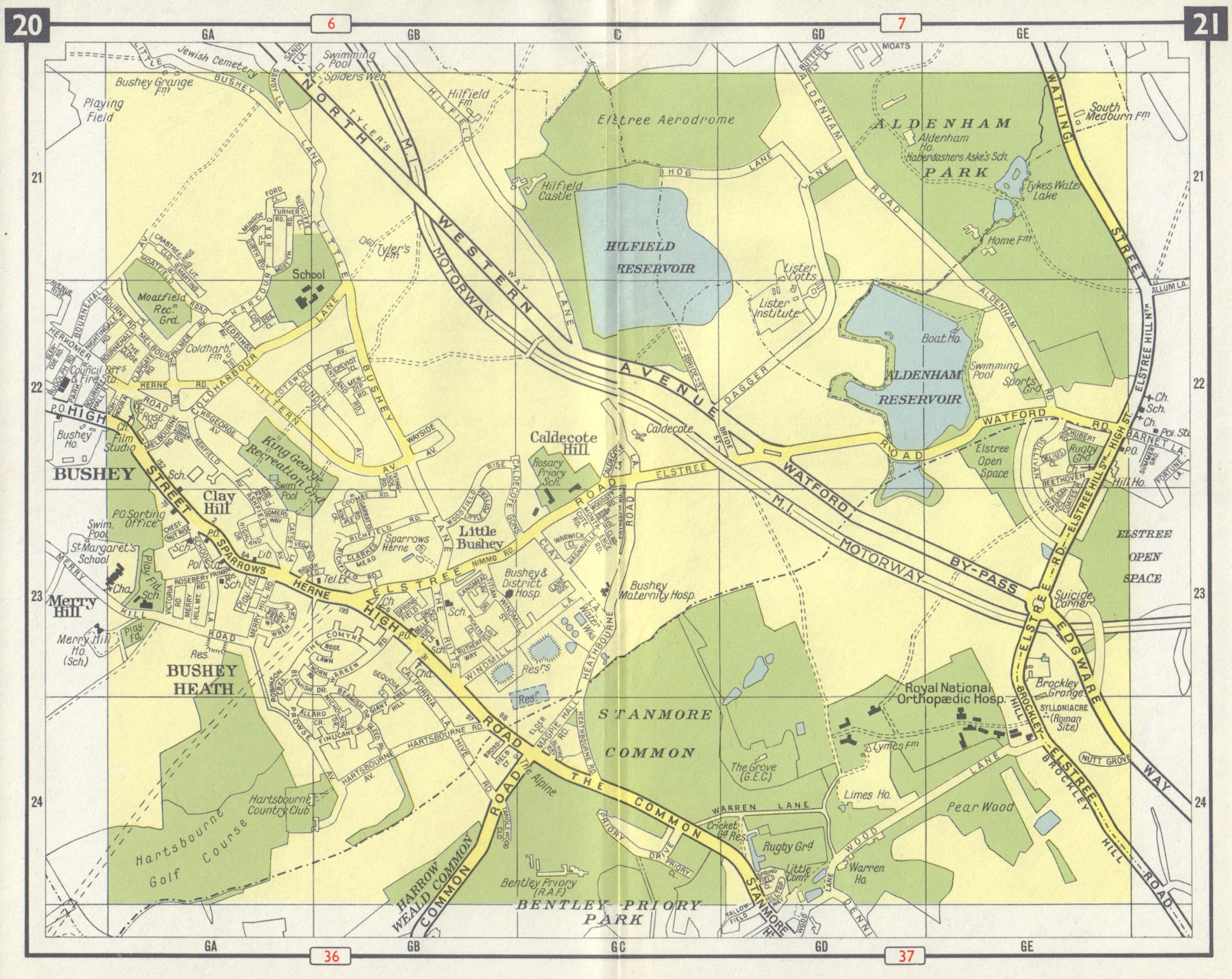 Associate Product NW LONDON Bushey Heath Elstree Stanmore Aldenham Park Caldecote M1 open 1965 map