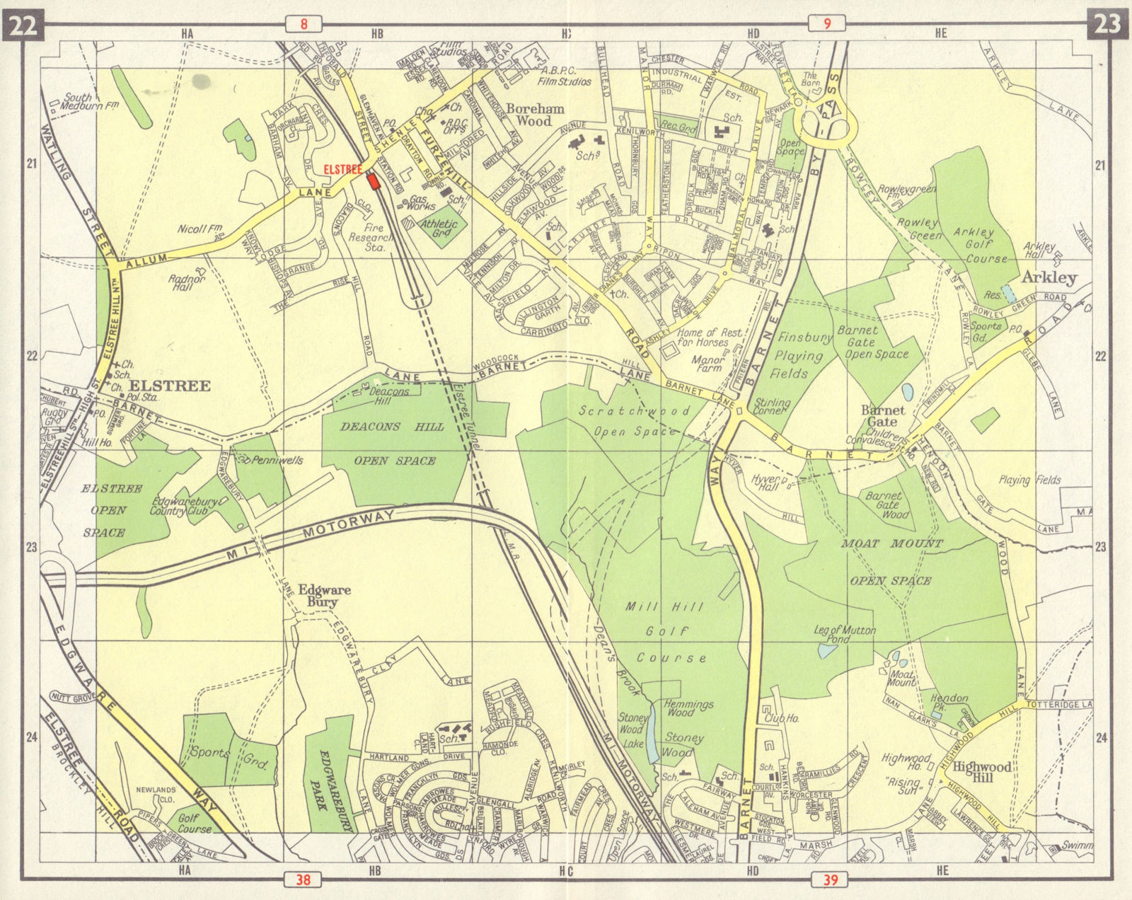 NW LONDON Elstree Borehamwood Edgwarebury Barnet Highwood Hill M1 open 1965 map