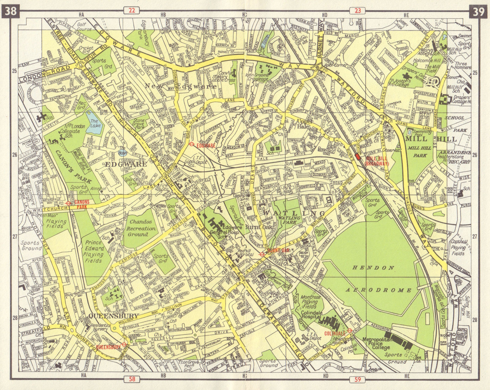 Associate Product NW LONDON Edgware Mill Hill Burnt Oak Queensbury Colindale M1 projected 1965 map