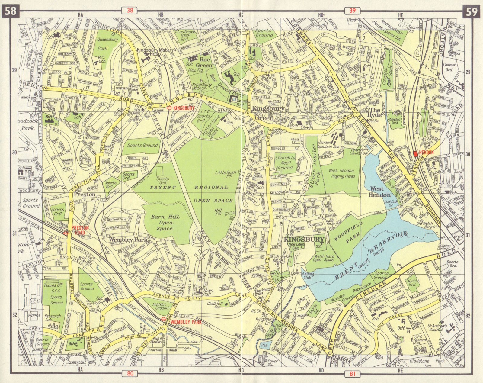 NW LONDON Kingsbury Wembey Park Hyde Hendon Preston Road M1 projected 1965 map