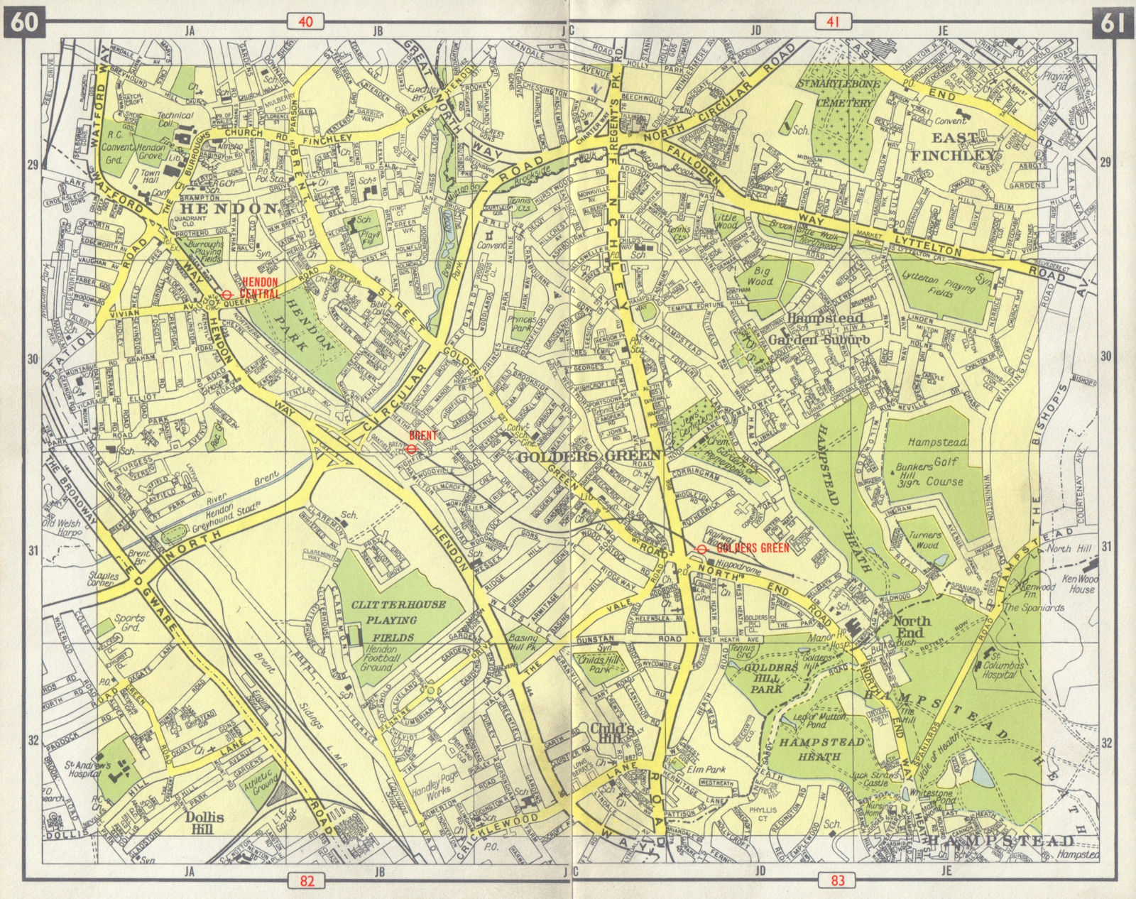 NW LONDON Hendon East Finchley Golders Green Child's Hill M1 projected 1965 map