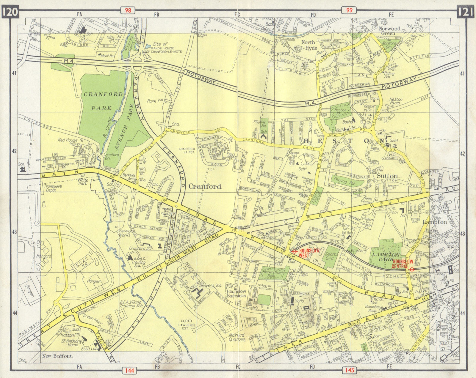 SW LONDON Hounslow Heston Cranford New Bedfont Sutton Heathrow M4 open 1965 map
