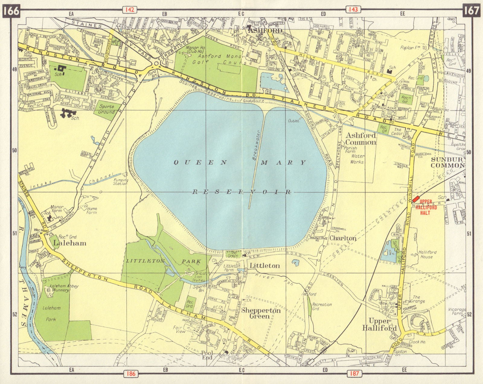 SW LONDON Ashford Laleham Shepperton Littleton Halliford M3 projected 1965 map
