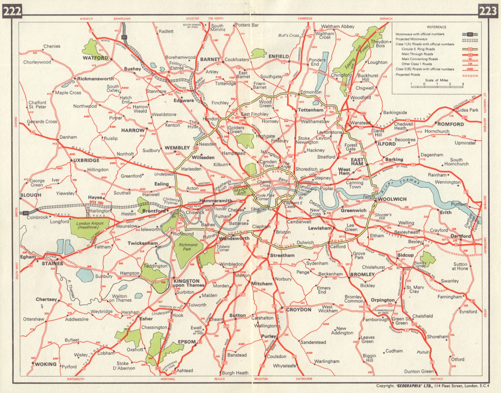 LONDON MAJOR ARTERIAL ROADS M1 & M4 Motorways under construction 1965 old map