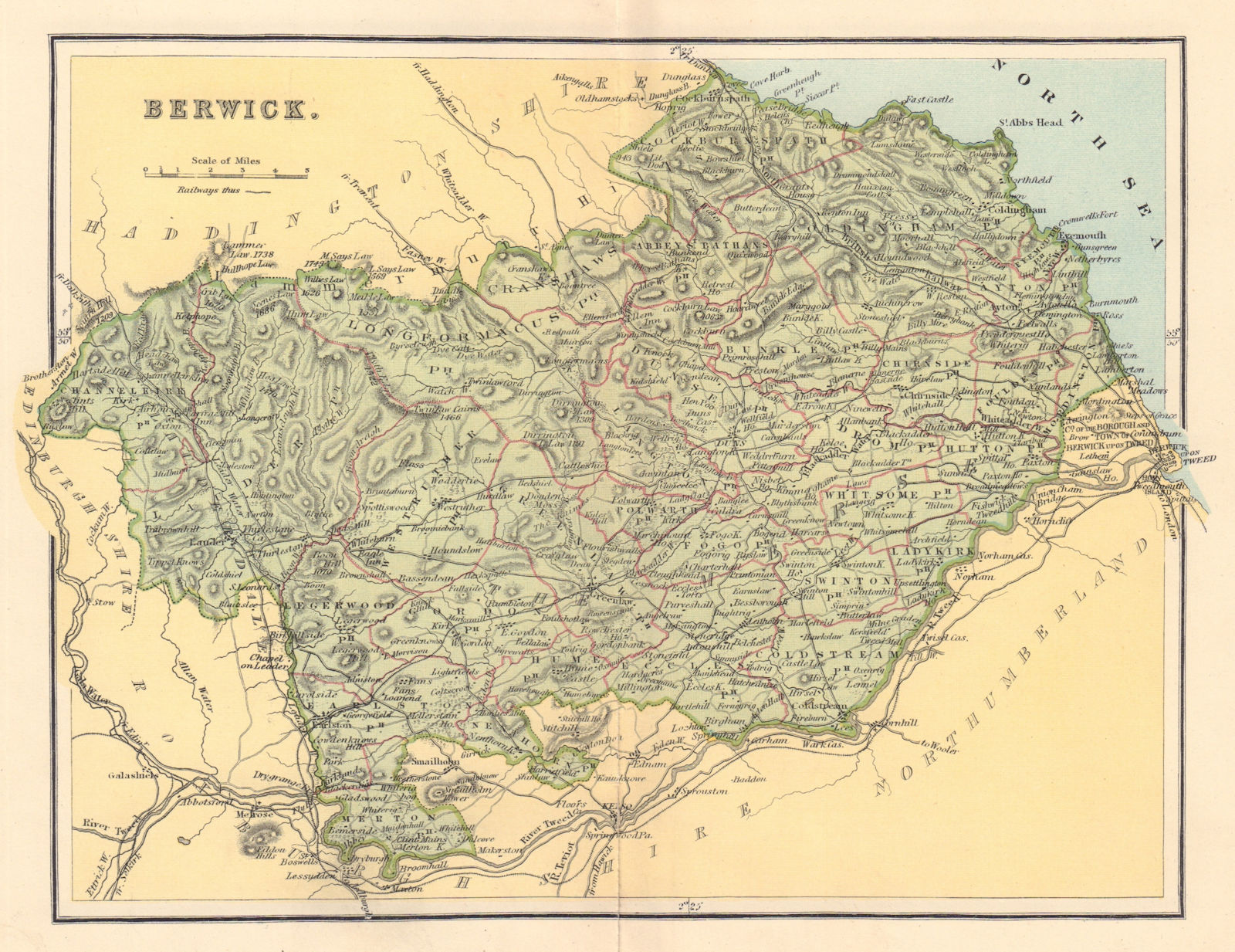 BERWICKSHIRE. Shows Berwick-on-Tweed as Scottish.County map.Parishes.LIZARS 1895