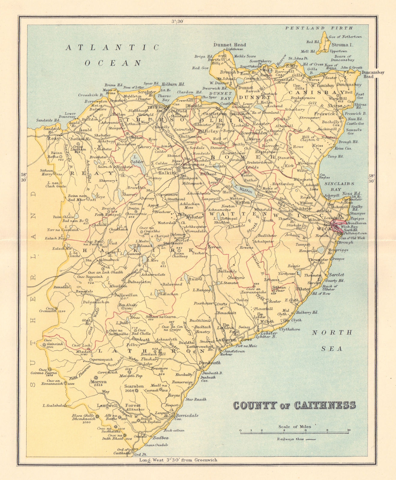 CAITHNESS-SHIRE antique county map. Wick Thurso Scotland. Parishes. LIZARS 1895