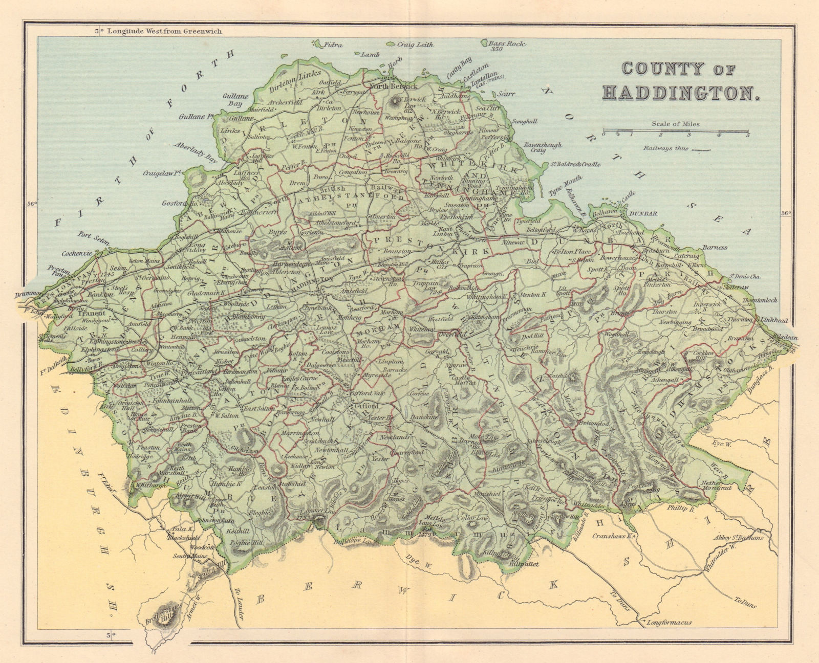 HADDINGTONSHIRE antique county map. Parishes. Dunbar. Scotland. LIZARS 1895