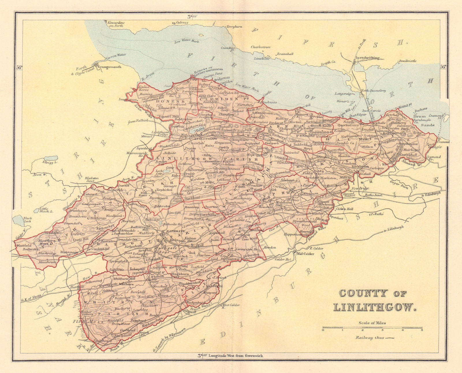 LINLITHGOWSHIRE antique county map. Parishes. Livingston Scotland. LIZARS 1895