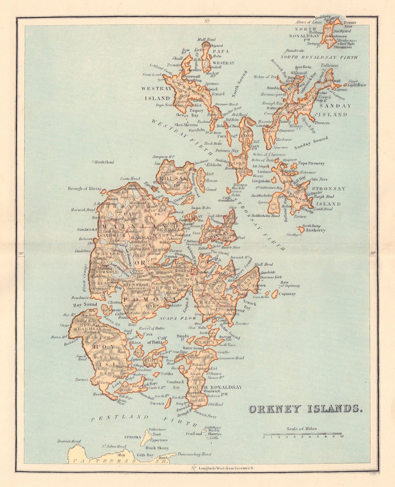 ORKNEY ISLANDS antique map. Parishes. Kirkwall. Scotland. LIZARS 1895 old