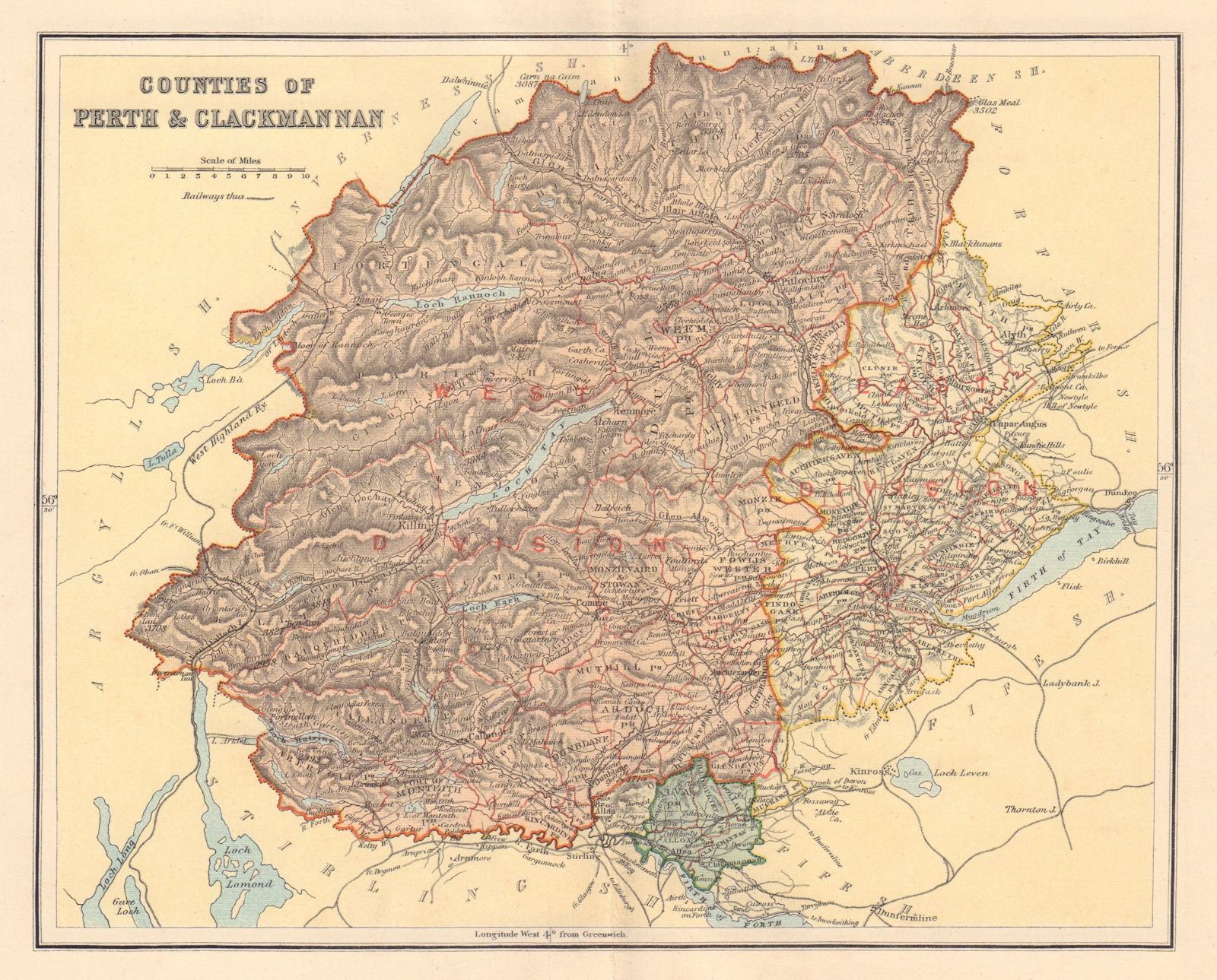 PERTHSHIRE & CLACKMANNANSHIRE antique county map. Alloa. Scotland. LIZARS 1895