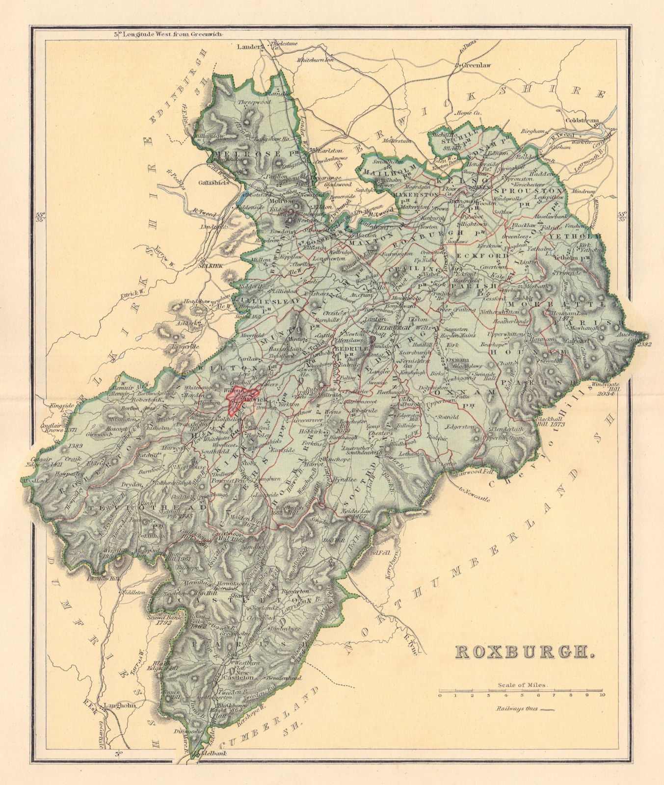 ROXBURGHSHIRE antique county map. Scotland. LIZARS 1895 old chart