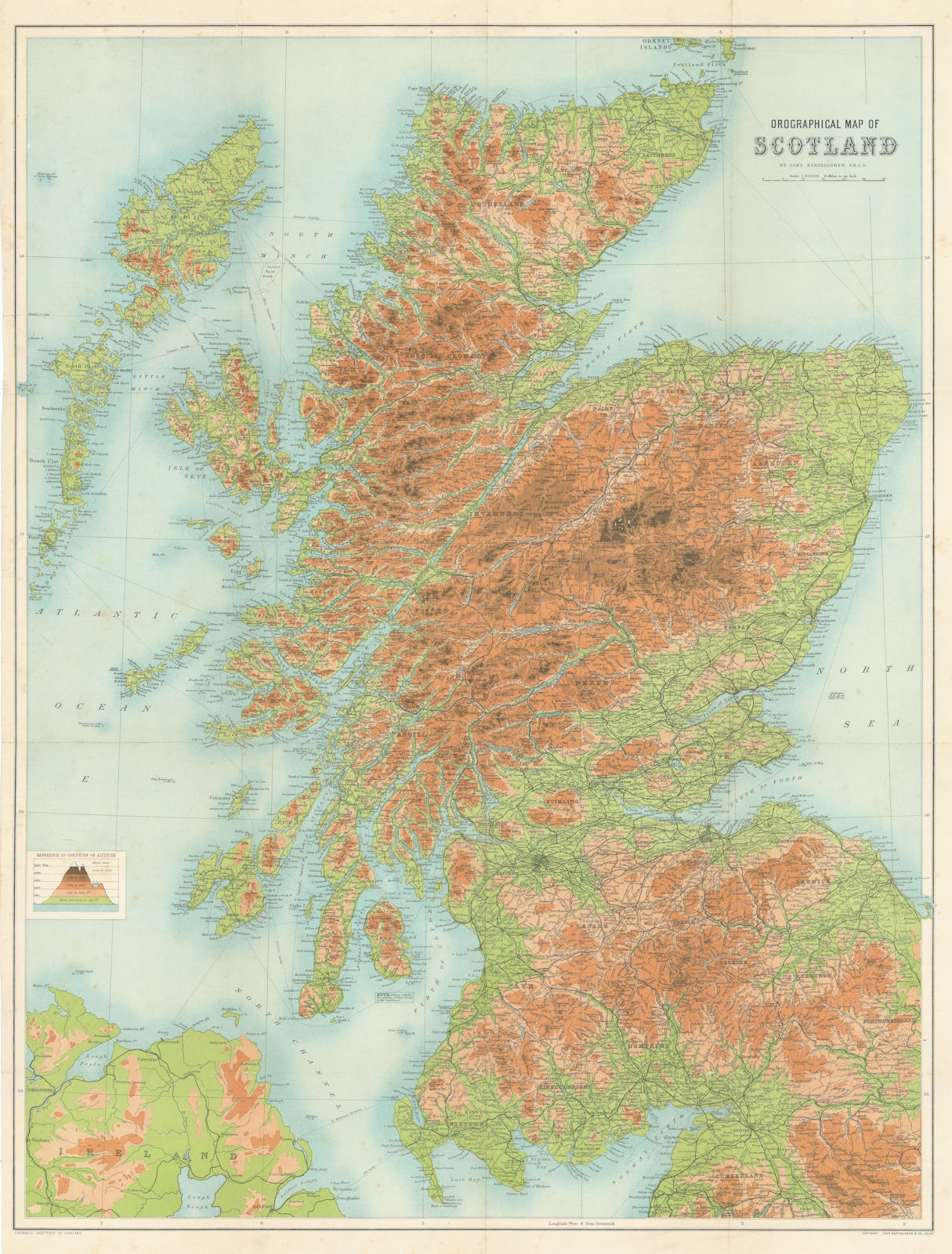 Antique SCOTLAND OROGRAPHICAL Relief map. Large. BARTHOLOMEW 1895 old