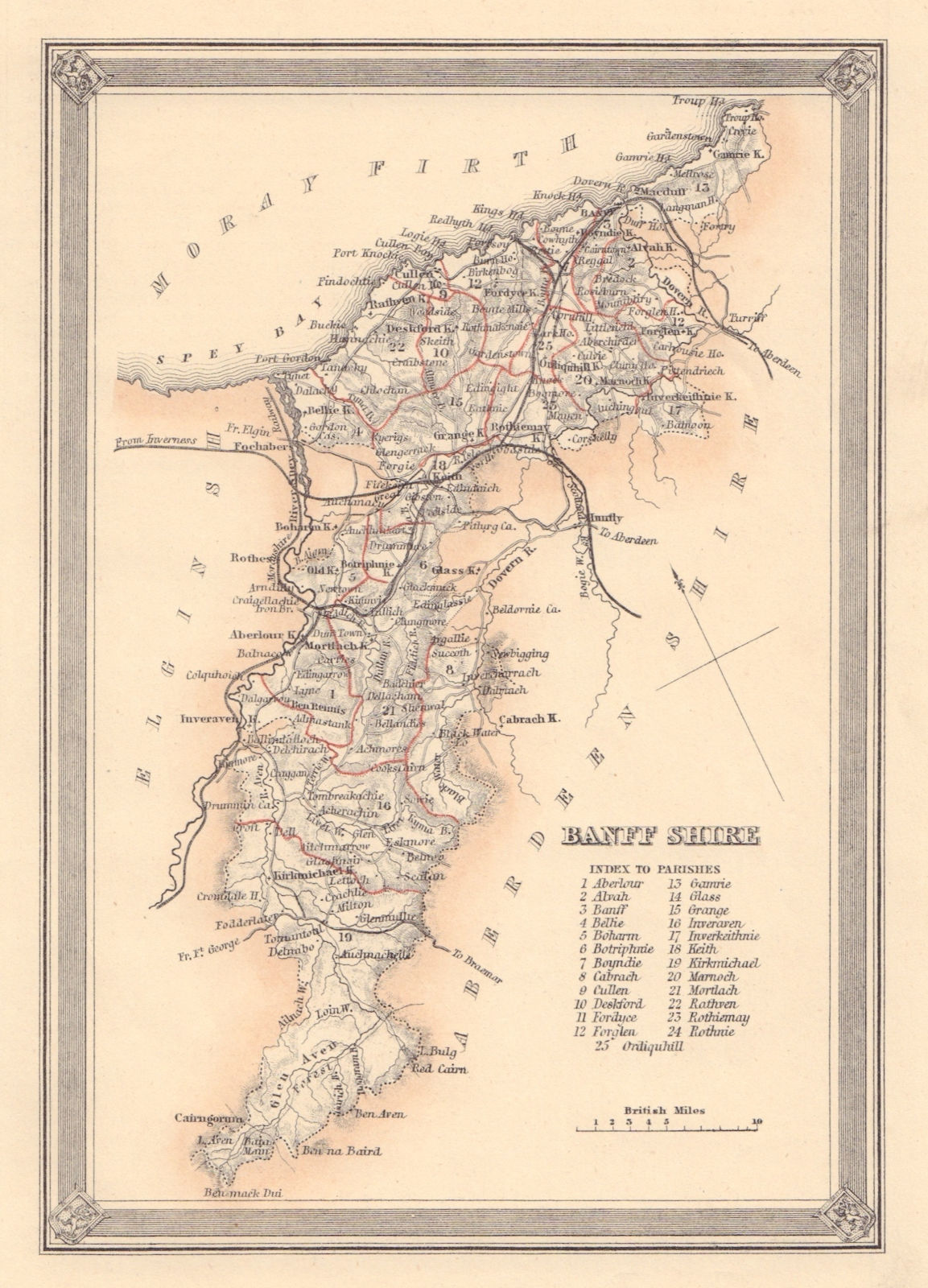 Decorative antique county map of Banffshire, Scotland. FULLARTON 1866 old
