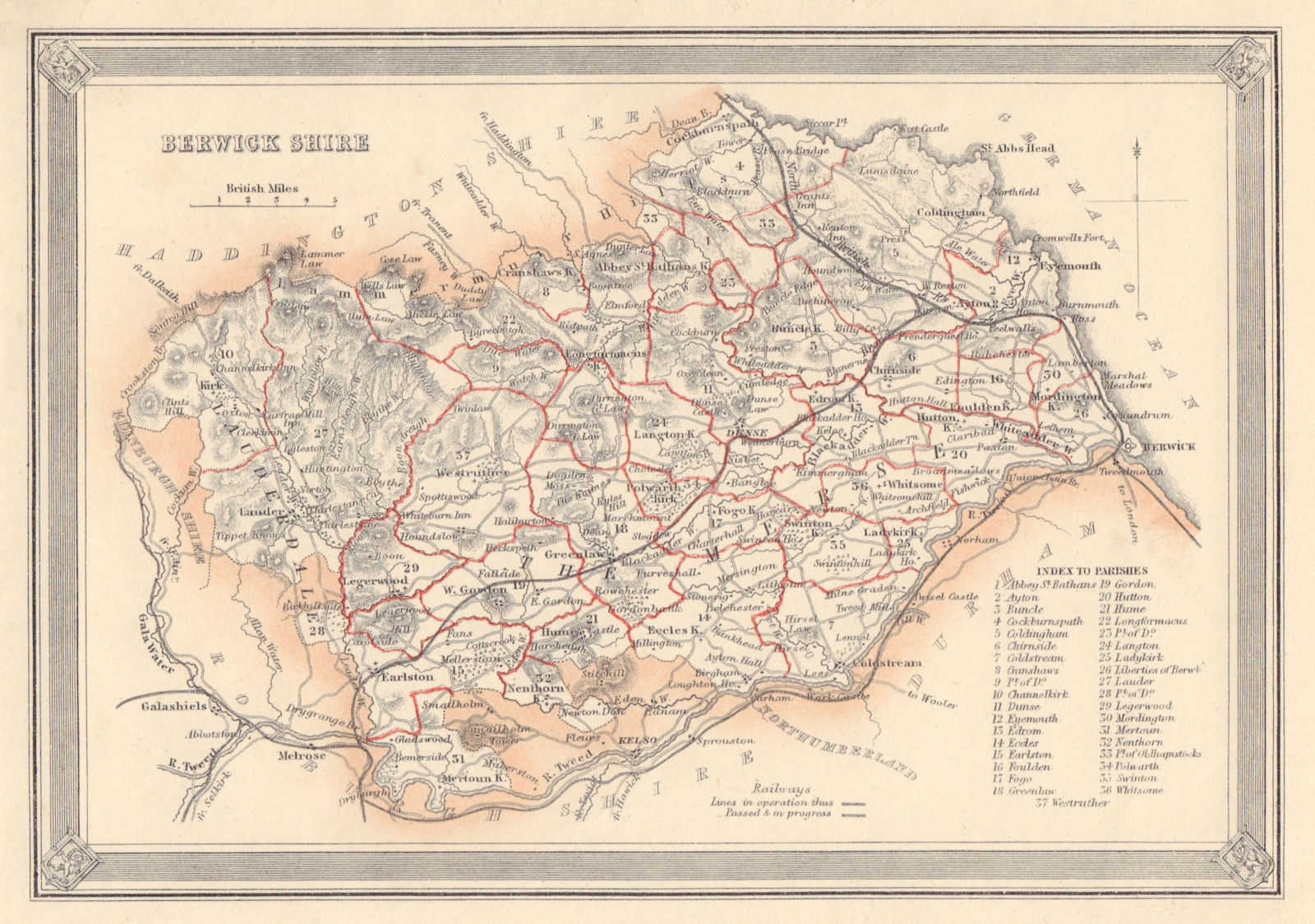Decorative antique county map of Berwickshire, Scotland. FULLARTON 1866
