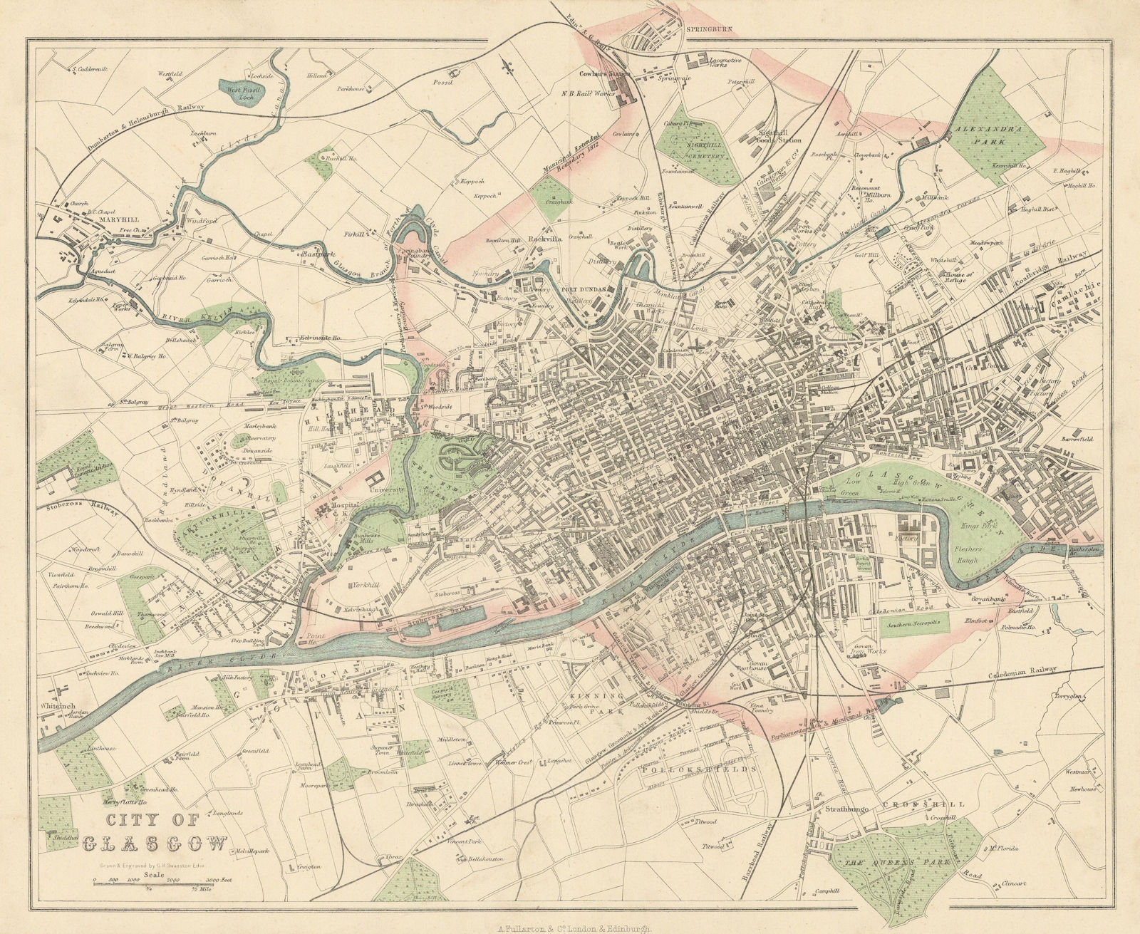 GLASGOW antique town city plan. Scotland. SWANSTON 1866 old map chart