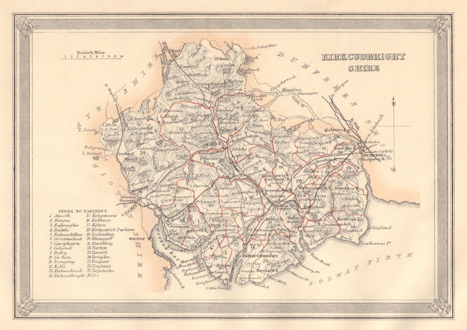 Decorative antique county map of Kirkcudbrightshire. FULLARTON 1866 old