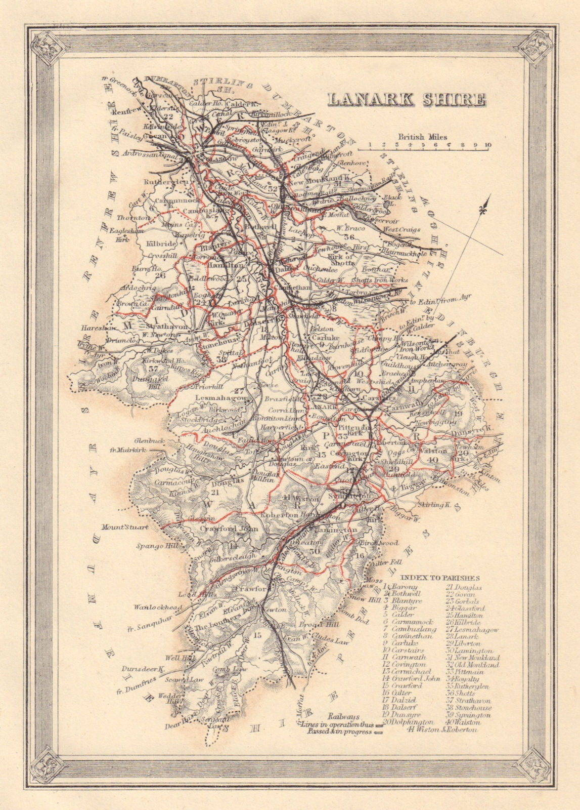 Decorative antique county map of Lanarkshire, Scotland. FULLARTON 1866 old