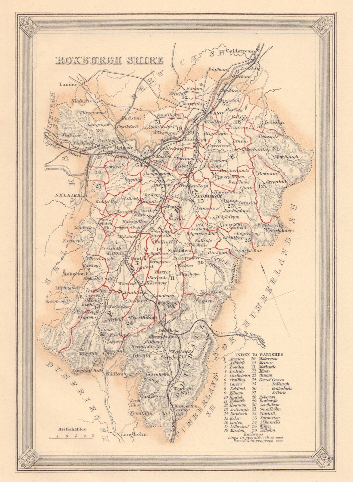 Decorative antique county map of Roxburghshire, Scotland. FULLARTON 1866