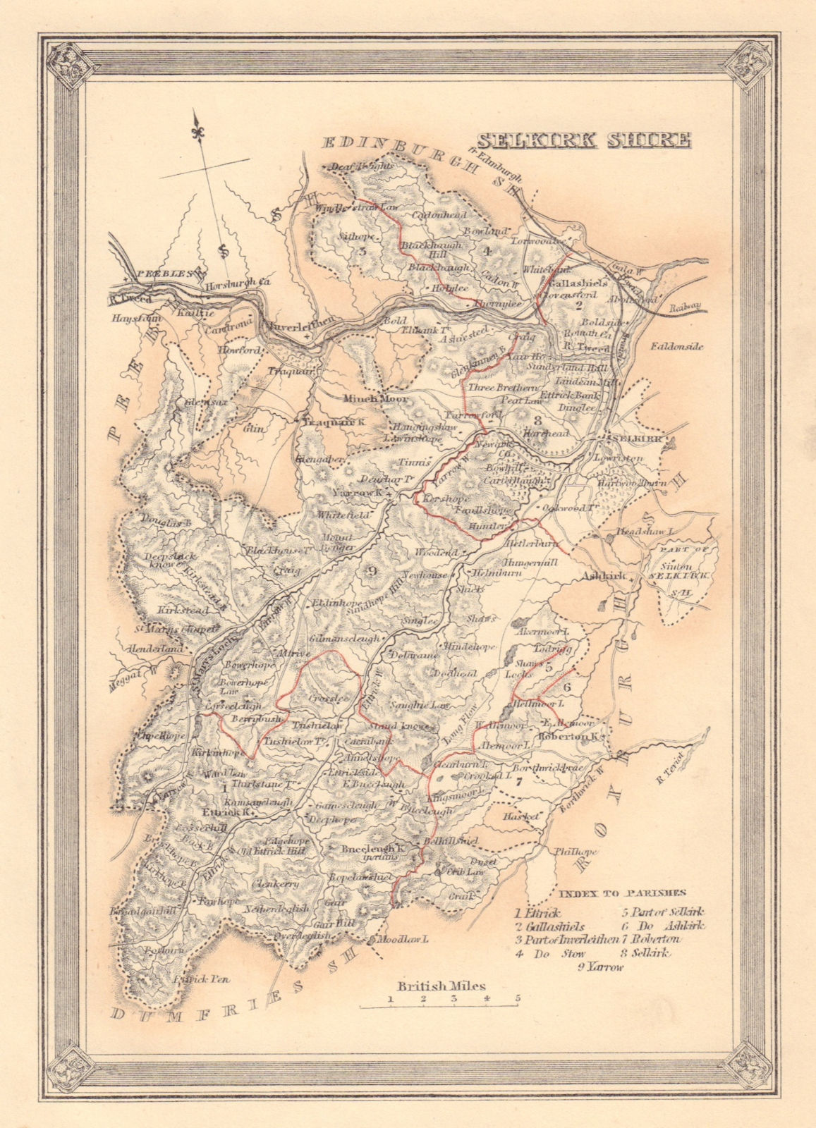 Decorative antique county map of Selkirkshire, Scotland. FULLARTON 1866