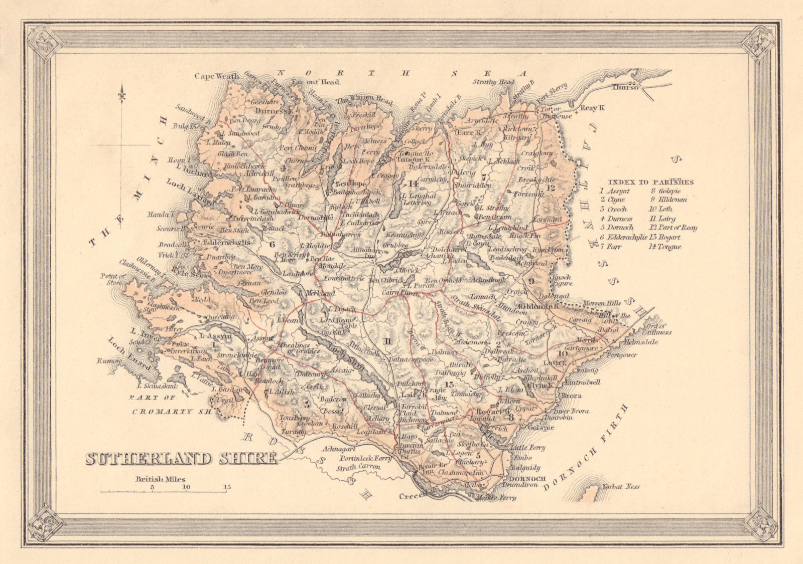 Decorative antique county map of Sutherlandshire, Scotland. FULLARTON 1866