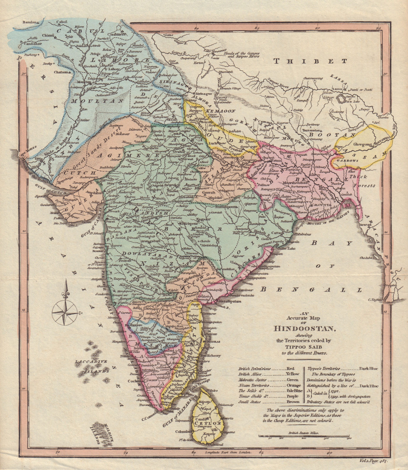 Hindoostan shewing the territories ceded by Tippoo Saib. India. COOKE 1817 map