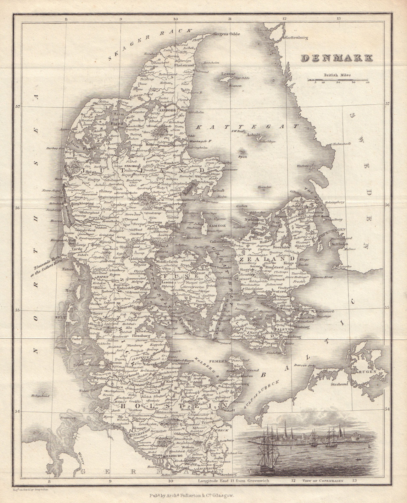 Denmark, including Schleswig & Holstein. FULLARTON 1839 old antique map chart